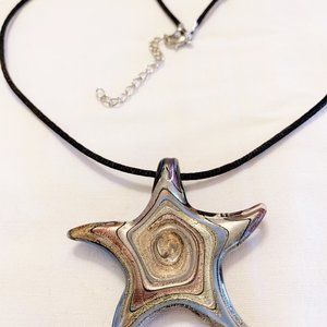 Art Glass Iridescent Starfish Pendant Necklace on Black Cord 2" Silver and Gold